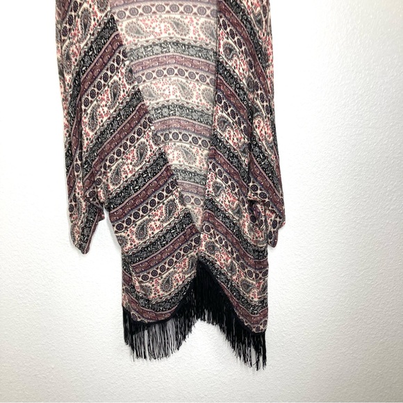 Mauve Anthropology Paisley Kimono Cardigan Medium Fringe Open Front Boho Brown - Picture 6 of 15
